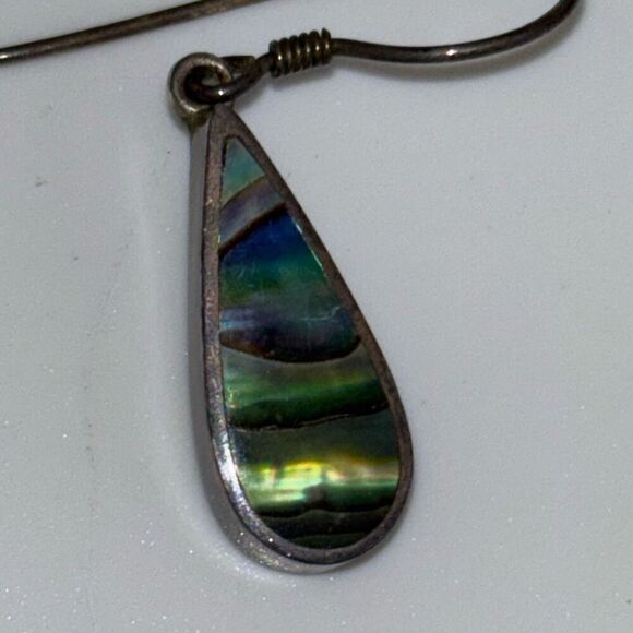 Vintage sajen silver & abalone rainbow dangle drop earrings - Picture 3 of 10
